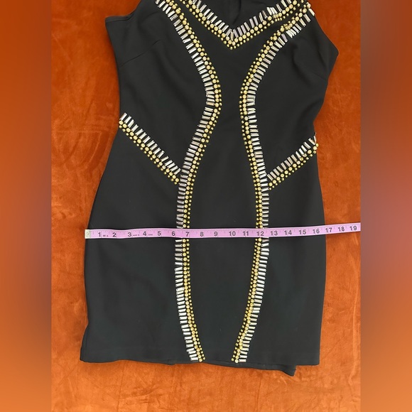 Bebe Bodycon Stretch Ponte Beaded High Neck Scoop Back Cocktail Mini Dress M - Picture 11 of 14